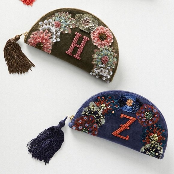 NEW NWT ANTHROPOLOGIE MONOGRAM LETTER CRESCENT POUCH VELVET P - Picture 1 of 5